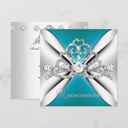 Invitation Quinceanera 15 Tiara Bleu Turquoise Bleu Argent Bl (Devant / Derrière)
