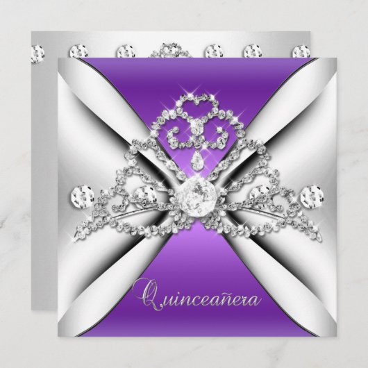 Invitation Quinceanera 15 Tiara Purple Silver White (Devant / Derrière)