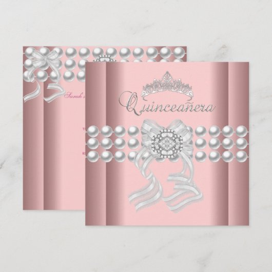 Invitation Quinceanera 15 Tiara rose argent blanc perle rose (Devant / Derrière)