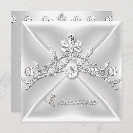 Invitation Quinceanera 15 Tiara Silver White Diamond (Devant / Derrière)
