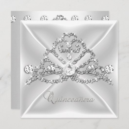 Invitation Quinceanera 15 Tiara Silver White Diamond 2 (Devant / Derrière)