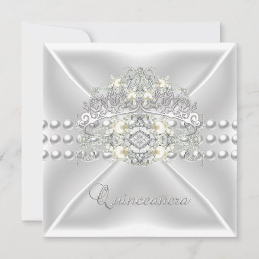 Invitation Quinceanera 15 Tiara Silver White Pearl Diamond (Devant)