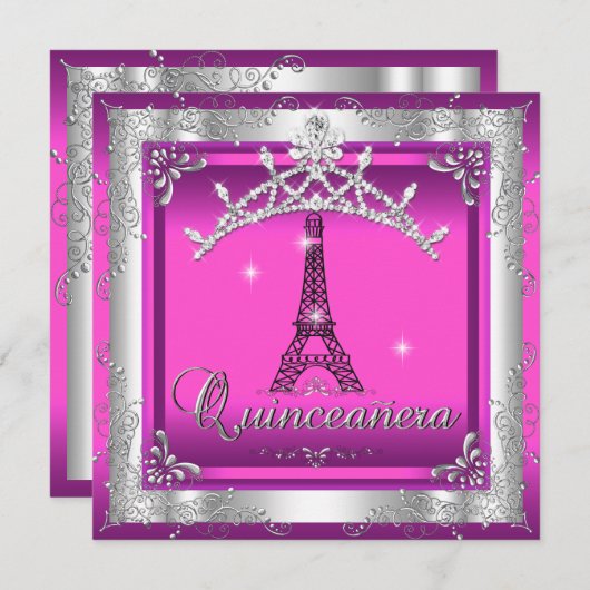 Invitation Quinceanera 15 Tour Eiffel Tiara en argent rose (Devant / Derrière)