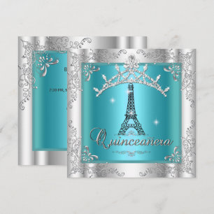Invitation Quinceanera 15 Turquoise Blue Silver Tiara Tour Ei