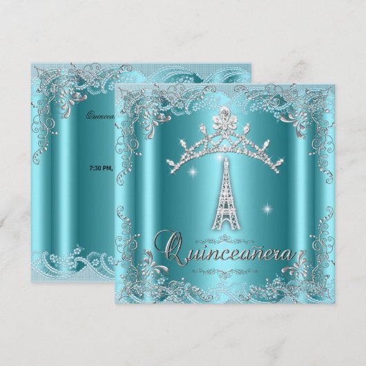 Invitation Quinceanera 15 Turquoise Blue Silver Tiara Tour Ei (Devant / Derrière)