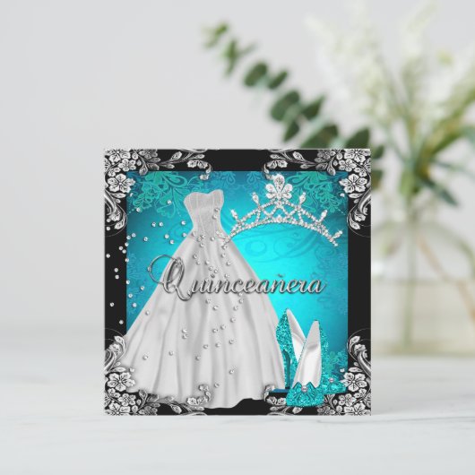 Invitation Quinceanera 15e 15 Anniversaire Robe Turquoise Cha (Debout devant)
