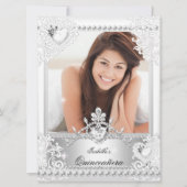 Invitation Quinceanera 15e anniversaire Argent Coeurs blancs (Devant)