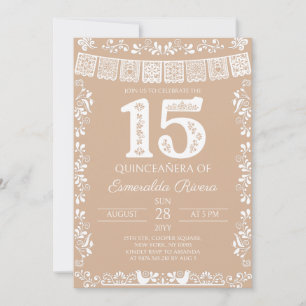 Invitation Quinceañera 15e anniversaire Beige Papel Picado