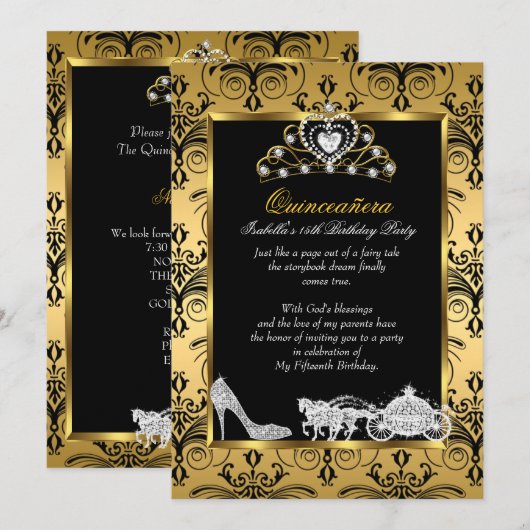Invitation Quinceanera 15e anniversaire Black Gold Damask (Devant / Derrière)