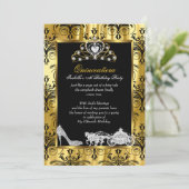 Invitation Quinceanera 15e anniversaire Black Gold Damask 2 (Debout devant)