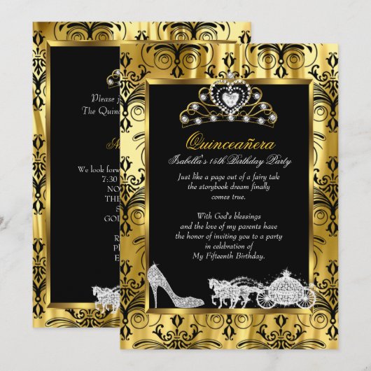Invitation Quinceanera 15e anniversaire Black Gold Damask 2 (Devant / Derrière)