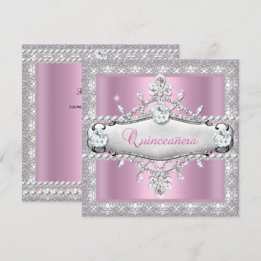 Invitation Quinceanera 15e anniversaire Diamant rose Tiara (Devant / Derrière)