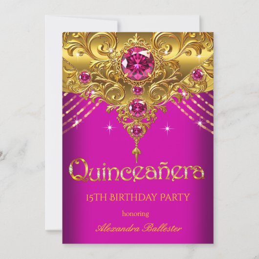 Invitation Quinceanera 15e anniversaire Exotic Fuchsia Or ros (Devant)
