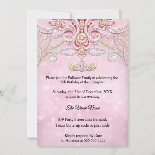 Invitation Quinceanera 15e anniversaire Exotic Lumière Or ros (Dos)