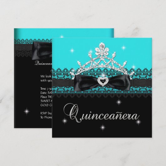 Invitation Quinceanera 15e Anniversaire fête Blue Black Lace (Devant / Derrière)