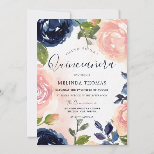 Invitation Quinceañera 15e anniversaire Fête Blush Navy Fleur (Devant)