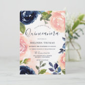 Invitation Quinceañera 15e anniversaire Fête Blush Navy Fleur (Debout devant)
