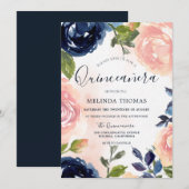 Invitation Quinceañera 15e anniversaire Fête Blush Navy Fleur (Devant / Derrière)