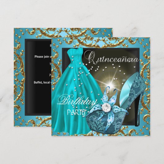 Invitation quinceanera 15e anniversaire fête robe Turquoise G (Devant / Derrière)