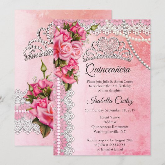 Invitation Quinceanera 15e anniversaire fête rose Roses Tiara (Devant / Derrière)