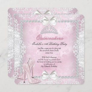 Invitation Quinceanera 15e anniversaire fête rose talons haut