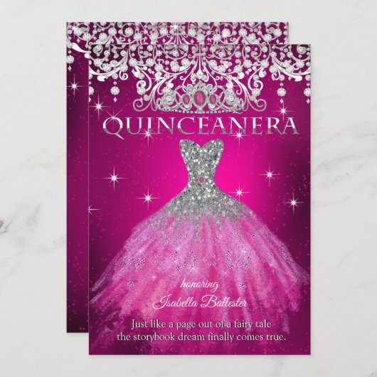 Invitation Quinceanera 15e anniversaire FUCHSIA rose Tiara (Devant / Derrière)