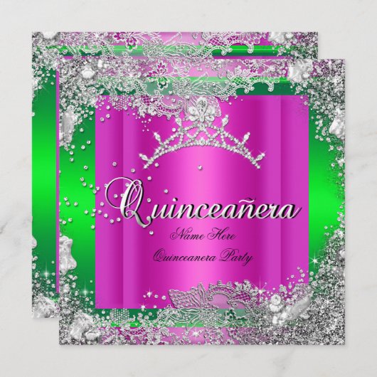 Invitation Quinceanera 15e anniversaire Hot rose Lime Tiara (Devant / Derrière)