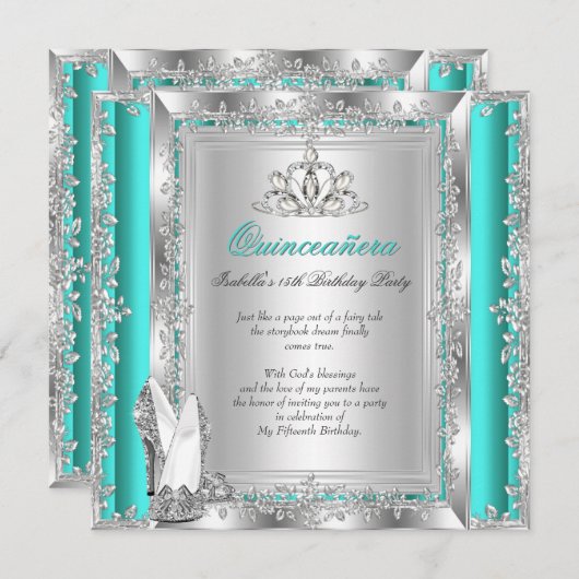 Invitation Quinceanera 15e anniversaire Jade Green Silver Cha (Devant / Derrière)