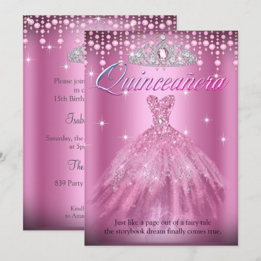Invitation Quinceanera 15e anniversaire jolie robe rose Tiara (Devant / Derrière)