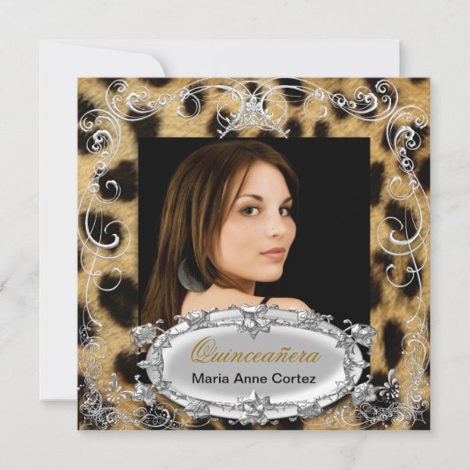 Invitation Quinceañera 15e anniversaire Leopard Black Brown (Devant)
