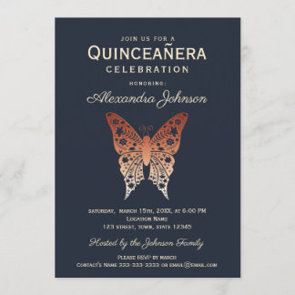 Invitation Quinceanera 15e Anniversaire Navy et Or Rose