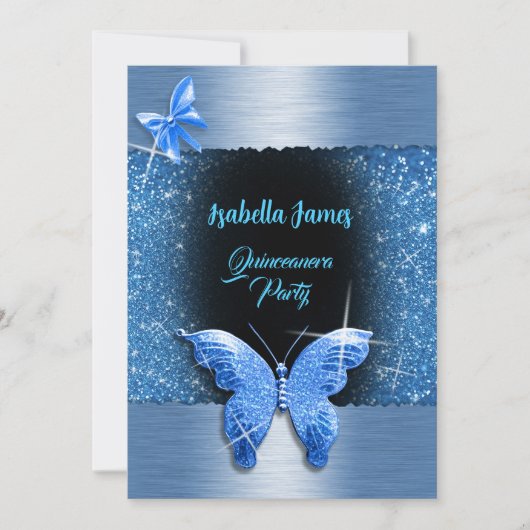 Invitation Quinceañera 15e anniversaire noir bleu feuille lux (Devant)