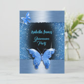 Invitation Quinceañera 15e anniversaire noir bleu feuille lux (Debout devant)