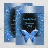 Invitation Quinceañera 15e anniversaire noir bleu feuille lux (Devant / Derrière)