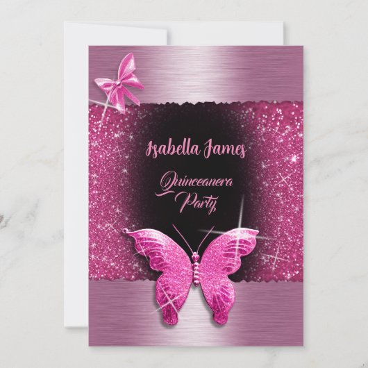 Invitation Quinceañera 15e anniversaire noir feuille rose lux (Devant)