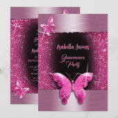 Invitation Quinceañera 15e anniversaire noir feuille rose lux (Devant / Derrière)