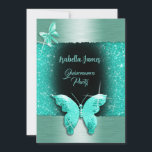Invitation Quinceañera 15e anniversaire noir feuille turquois<br><div class="desc">Vous cherchez une invitation étonnante pour votre fête de fille d'anniversaire ? Ne cherchez pas plus loin que notre Quinceañera 15e anniversaire de feuille turquoise et design papillon. Cette invitation présente un beau contraste de parties scintillant et de papier d'aluminium brillant sur un arrière - plan noir, avec une parties...</div>