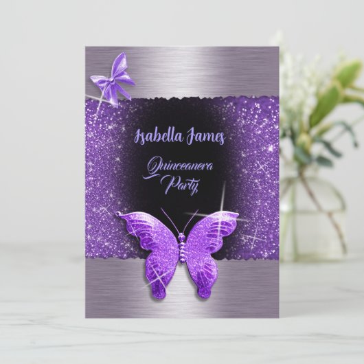 Invitation Quinceañera 15e anniversaire noir pourpre feuille (Debout devant)