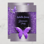 Invitation Quinceañera 15e anniversaire noir pourpre feuille (Devant / Derrière)