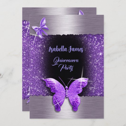 Invitation Quinceañera 15e anniversaire noir pourpre feuille (Devant / Derrière)