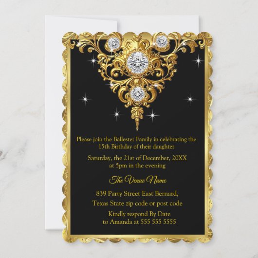 Invitation Quinceanera 15e anniversaire Ornate Exotic Black G (Dos)