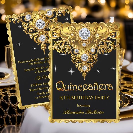 Invitation Quinceanera 15e anniversaire Ornate Exotic Black G