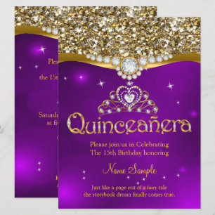 Invitation Quinceanera 15e Anniversaire Paillettes Violet Or
