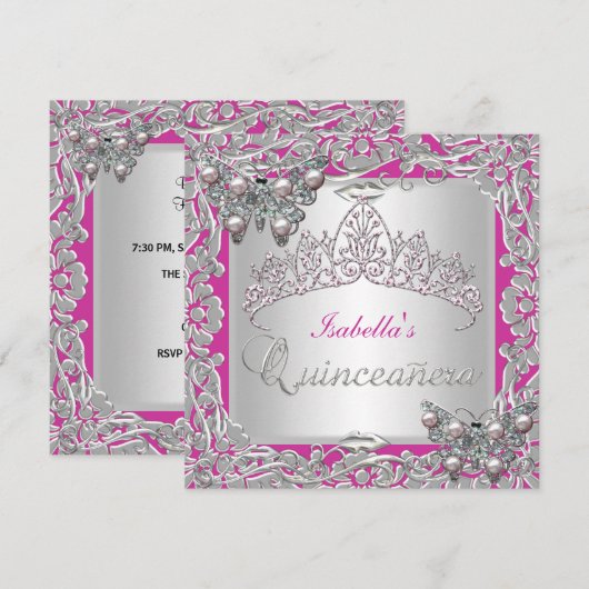 Invitation Quinceanera 15e anniversaire papillons argent rose (Devant / Derrière)