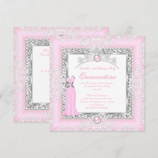 Invitation Quinceanera 15e anniversaire Pearl Lace rose clair (Devant / Derrière)