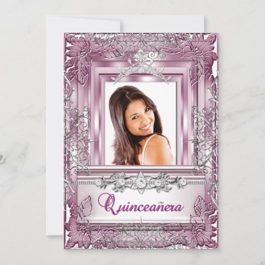Invitation Quinceañera 15e anniversaire Pink Silver Tiara (Devant)