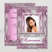 Invitation Quinceañera 15e anniversaire Pink Silver Tiara (Devant / Derrière)