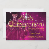 Invitation Quinceanera 15e Anniversaire Plum Robe Rose Tiara (Devant)