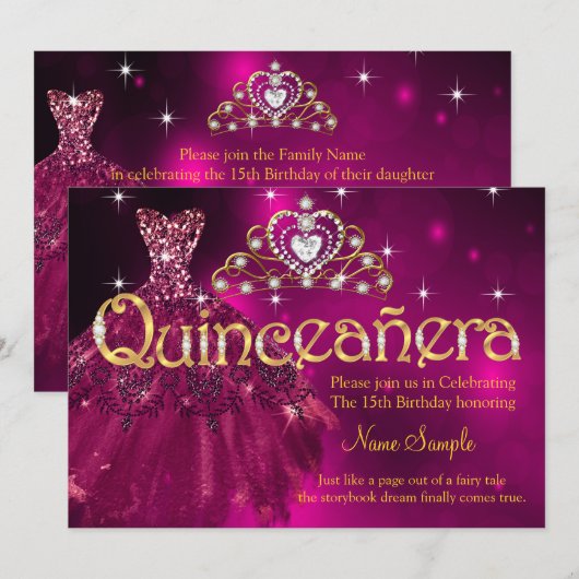Invitation Quinceanera 15e Anniversaire Plum Robe Rose Tiara (Devant / Derrière)