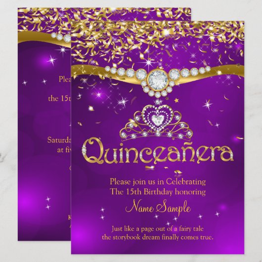 Invitation Quinceanera 15e anniversaire Purple Confetti Or (Devant / Derrière)